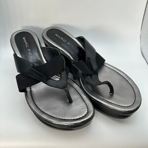 Marc Fisher Thong Wedge Sandals Black Leather Elastic‎ Size 9.5M Women's
